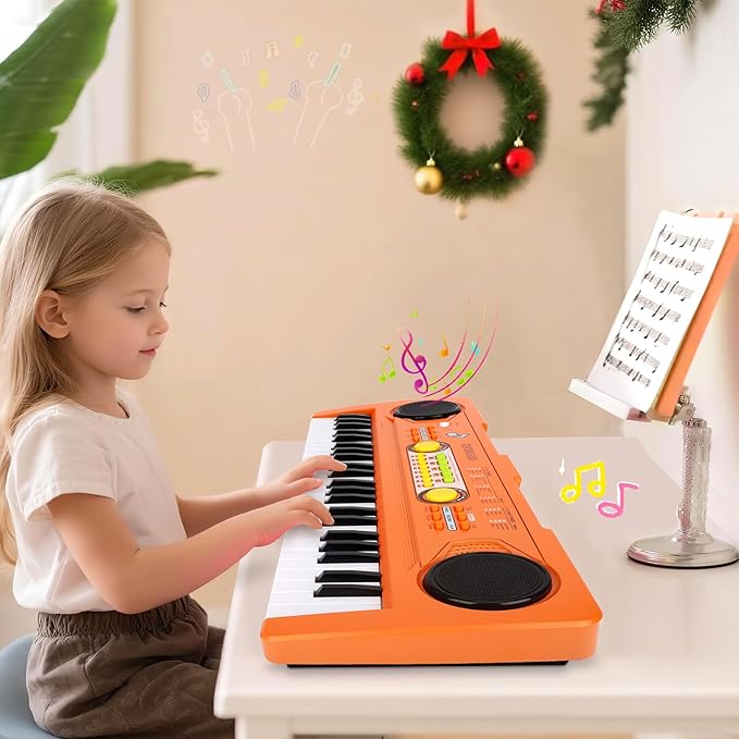 Kids Piano Keyboard with Microphone, 49 Keys Portable Electronic Piano Keyboard for Kids Beginners Ages 3 4 5 6 7, Toy Music Keyboard Birthday Xmas Gift for Girls Boys, Orange
