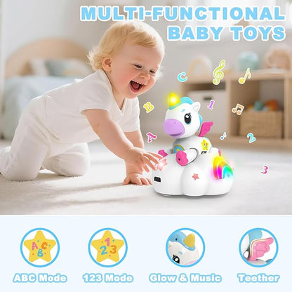 Musical Unicorn Toys for 6 to 12 Months - Baby Crawling Toy with Light-up for 1+ Year Old Girl Boy,Infant Tummy Time Sensory Development Toys with ABC/123 Modes,Birthday Gift 1 Year Old Boys & Girls
