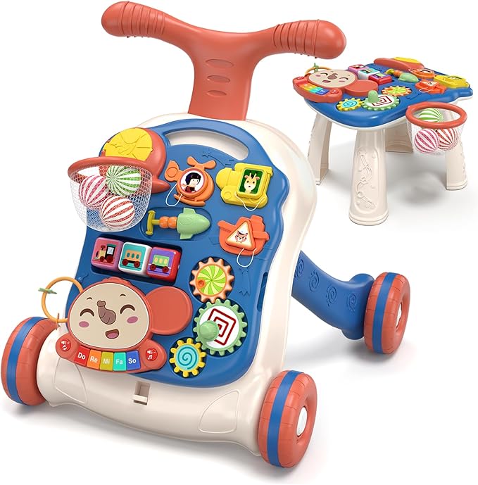 QDRAGON 3 in 1 Baby Walker and Activity Center for Boy, Learning to Walk, Sit to Stand, Early Educational Push Toys with Music Panel for Infant Toddler 12-18 Months Blue