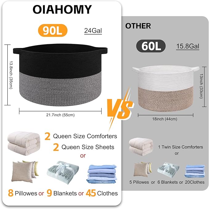 OIAHOMY 90L XXXLarge Blanket Basket for Living Room, 21.7" x 13.8" Woven Cotton Rope Laundry Basket for Organizing Pillows, Decorative Stuffed Animal Toy Storage Bin for Nursery, Black and Grey