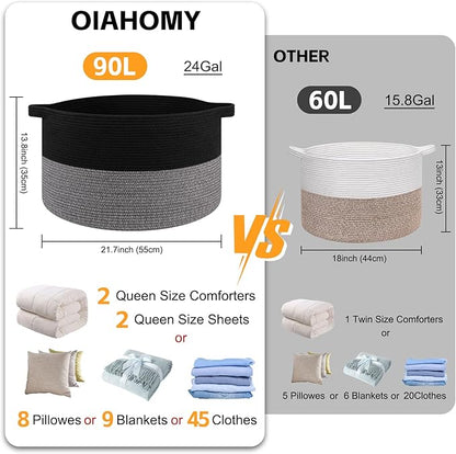 OIAHOMY 90L XXXLarge Blanket Basket for Living Room, 21.7" x 13.8" Woven Cotton Rope Laundry Basket for Organizing Pillows, Decorative Stuffed Animal Toy Storage Bin for Nursery, Black and Grey