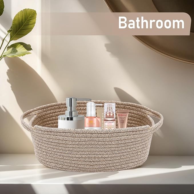JMvicyroam Woven Basket,Small Rope Storage Bin with Handles & Ribbon Bag, Organizer for Shelves Closets,Gift Basket Empty for Birthday,Books,Dog Toys,Oatmeal/3 Pack