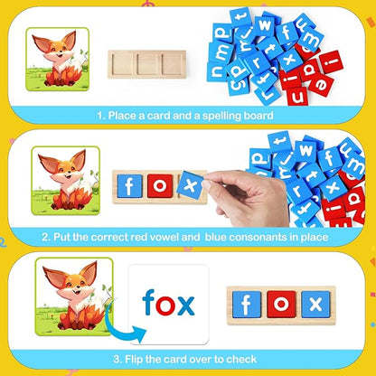 KMUYSL CVC Word Spelling Games, Wooden Learning Activities Toys, Educational Montessori Toy for 2 3 4 5 Years Old Toddlers Kids Boys and Girls, Flash Cards Sight Words for Kindergarten Preschool