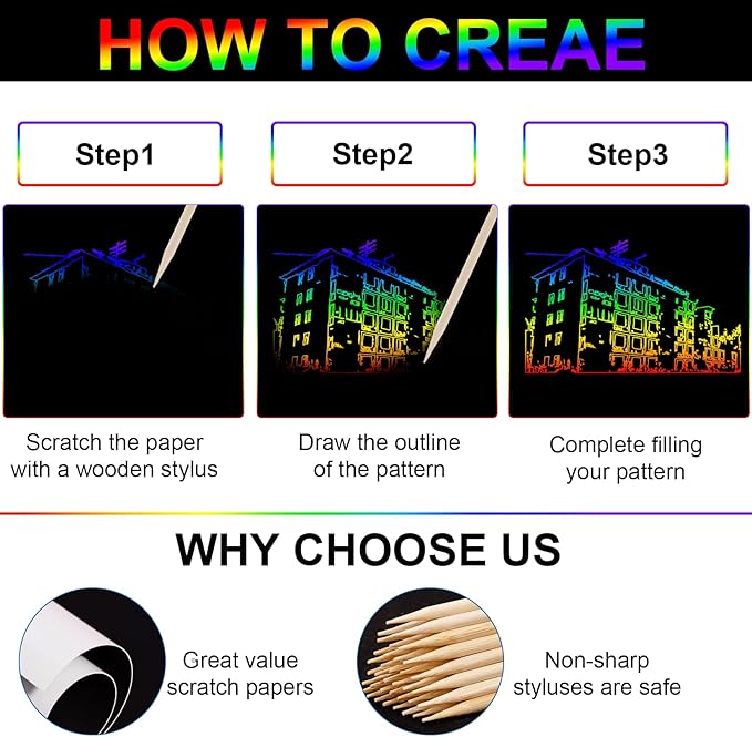 Cityrosy 60 Pcs Scratch Art Paper Rainbow Sets Black Scratch Off Paper Easter Gifts for Kids Magic Rainbow Scratch Off Set Crafts Supplies Kits for Age 3-12 Kids for Party Games Easter Christmas