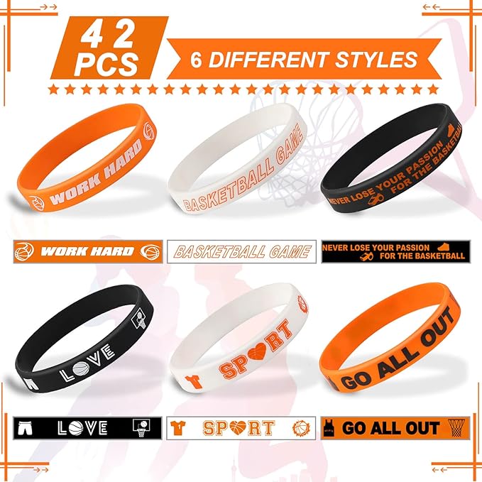 JUNEBRUSHS Basketball Motivational Silicone Wristband, 42PCS Basketball Party Favors Rubber Bracelets for Sports Gifts Sports Prize Party Decorations Rewards Supplies (6 Designs)
