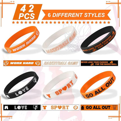 JUNEBRUSHS Basketball Motivational Silicone Wristband, 42PCS Basketball Party Favors Rubber Bracelets for Sports Gifts Sports Prize Party Decorations Rewards Supplies (6 Designs)