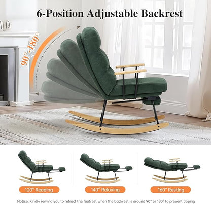 Rocking Chair with Footrest-Glider Rocker Chair with Retractable Footrest and Adjustable Backrest, Teddy Upholstered Rocking Chair, Modern Accent Chair for Living Room/Nursery/Bedroom/Outdoor-Green