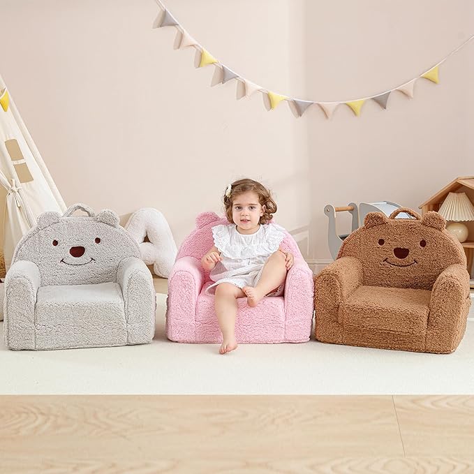 Toddler Chair,Sherpa Bear Kids Chair,Toddler Couch Fold Out,Children Reading Chair,Flip Out Kids Couch,Toddler Sofa Convertible for Age 1-3(Grey Bear)