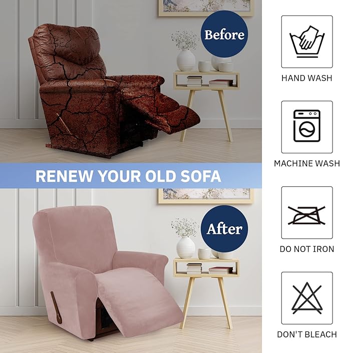 WEERRW Velvet Recliner Chair Cover 1 Piece High Stretch Recliner Couch Cover, Washable Furniture Protector with Non Slip Elastic Bottom for Kids and Pets, Blush Pink