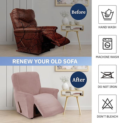 WEERRW Velvet Recliner Chair Cover 1 Piece High Stretch Recliner Couch Cover, Washable Furniture Protector with Non Slip Elastic Bottom for Kids and Pets, Blush Pink