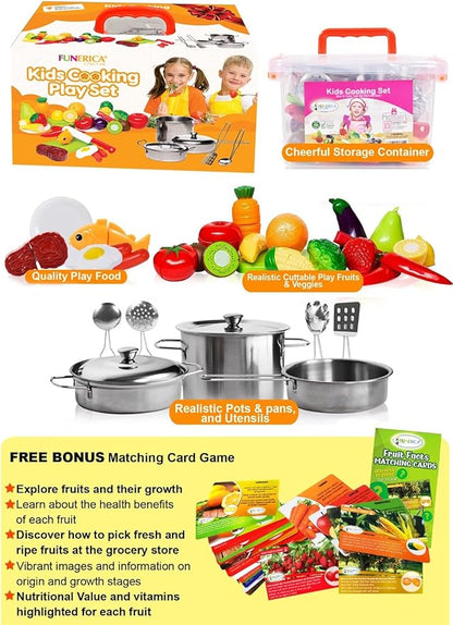 FUNERICA Play Food and Realistic Stainless-Steel Pots and Pans and Utensils - Cutting Fake Food and Pretend Toy Kitchen Accessories Cooking Toy Playset for Toddlers and Kids