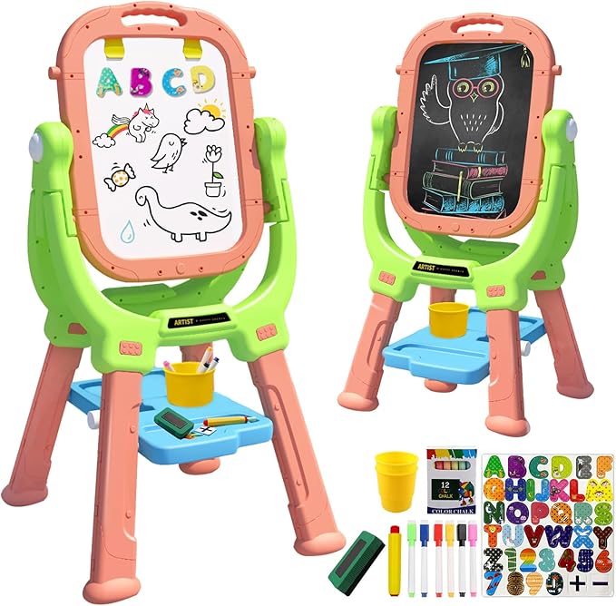 Kids Easel, Kids Toys Rotatable Double Sided Chalk Board Adjustable Height Standing Toddler Easel with 79pcs Accessories Art Set, Pink