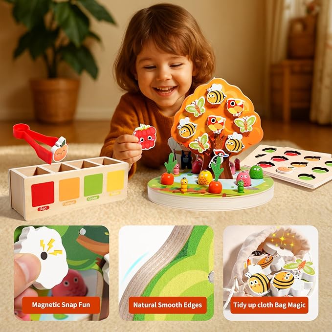 INIFEIDALA Montessori Wooden Preschool Educational Toy Ages 3-5 - Apple Picking Magnetic Fruit Tree, Shape Color Sorter, Carrot Harvest & Fishing Game - Fine Motor Skills Development
