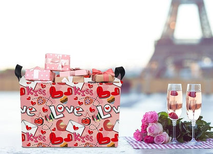 NTAOHAMPER Rectangular Heart Print Storage Basket Empty,Collapsible Gift Basket with Handles,Books Box,Room Decor(Love Letter)