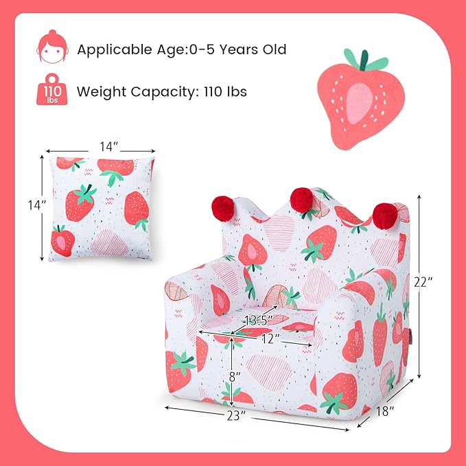 Costzon Kids Couch, Foam Filled Children's Sofa Armchair w/Padded Pillow, Washable Velvet Cover & Soft Sponge Filling, Upholstered Sofa Chair Gift for Preschool, Playroom, Toddler Couch (Strawberry)