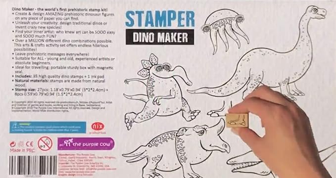 The Purple Cow - Stamper - Dino Maker Stamp Kit for Kids. Paint Stamper for Arts and Crafts. Develop Creativity with 35 Stamps and an Ink pad, for Girls and Boys Ages 6 to 16.