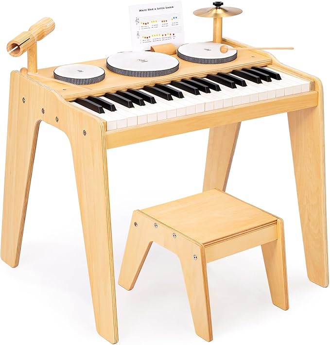 OATHX Kids Piano Keyboard, 37 Keys Digital Piano Toys with Drum Set and Stool, Volume Adjustable, 9 in 1 Musical Instruments for Kids Toddlers Baby Children, Wooden Mini Piano Gifts for Girls Boys 3+