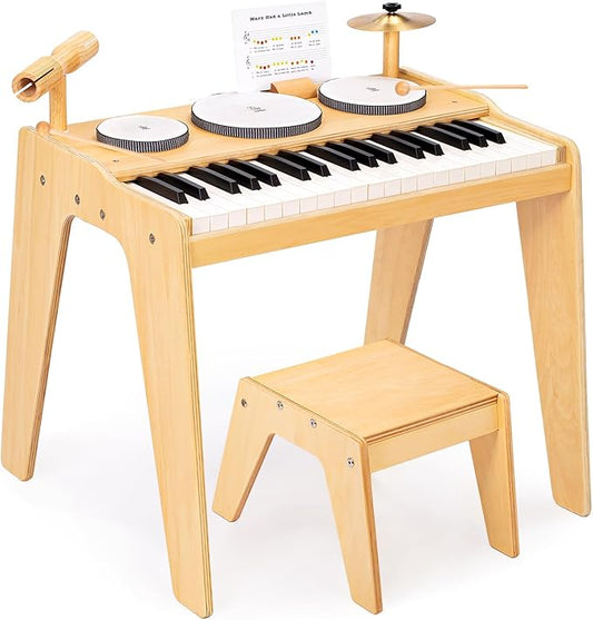 OATHX Kids Piano Keyboard, 37 Keys Digital Piano Toys with Drum Set and Stool, Volume Adjustable, 9 in 1 Musical Instruments for Kids Toddlers Baby Children, Wooden Mini Piano Gifts for Girls Boys 3+
