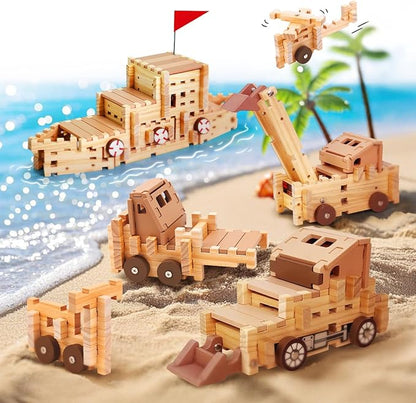 Jovi-mindly Wooden Blocks Wooden Train Set 101 PCS Create 40+ Shapes,Wooden Toys Educational Wooden Building Blocks Wooden Puzzles for Kids Ages 4-8 Boys and Girls,Truck/Excavator,FSC Certified