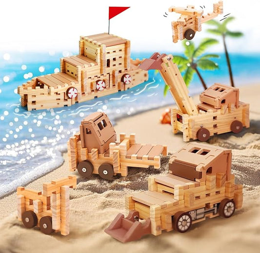 Jovi-mindly Wooden Blocks Wooden Train Set 101 PCS Create 40+ Shapes,Wooden Toys Educational Wooden Building Blocks Wooden Puzzles for Kids Ages 4-8 Boys and Girls,Truck/Excavator,FSC Certified
