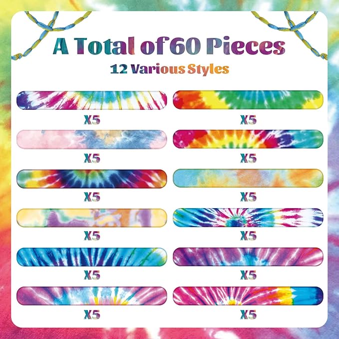 60PCS Tie Dye Party Favors Slap Bracelets, Groovy Wristbands Bracelets Goodie Bag Fillers for Tie Dye Birthday Decorations Supplies for Boys and Girls kids Adults