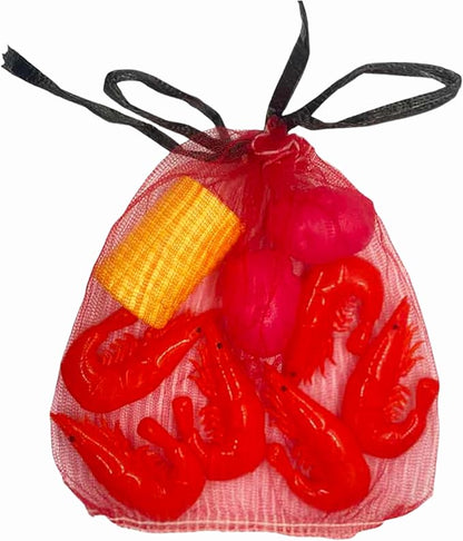 Lil' Bit Boiling Co. Kids Louisiana Shrimp & Fixins Toy Food Kitchen Set for Children - Toy Shrimp Set with Potatoes, Corn, and Mesh Bag
