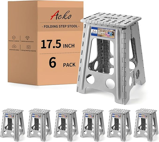 ACKO 6pack Folding Step Stool 17.5 Inch Stool 400 LB Weight Capacity Plastic Foldable Step Stools for Adults and Kids, Folding Stool Suitable for Kitchen, Stepping Stool with Handle Grey Step Stool