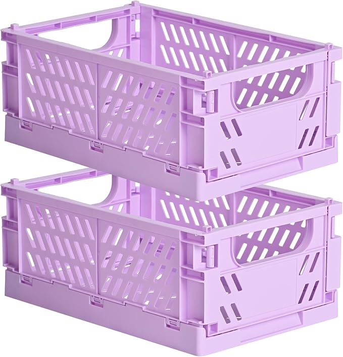 HUUSMOT 2-Pack Small Pastel Plastic Storage Baskets, Collapsible Crates for Organizing, Space-Saving Mini Bins for Classroom, Kitchen, Office, Bedroom (Purple, 9.8" x 6.5" x 3.8")