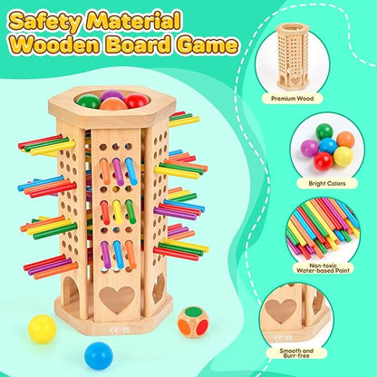 Montessori Wooden Board Game, 42-Stick Dice Game, Math Puzzle Toy for Kids 3 4 5 6 Years Old, Develops Fine Motor Skills and Counting, Perfect for Family Nights, Gift for Boys and Girls