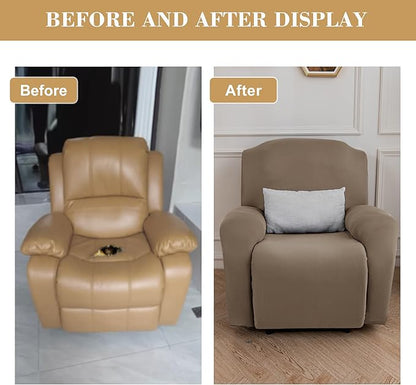 Jin Le 4 Pieces Recliner Cover Stretch Recliner Chair Cover 1 Seater Recliner Couch Covers Sofa Covers Stretch Soft Furniture Protector with Elastic Bottom and Ties for Kids Pet(Recliner, Khaki)
