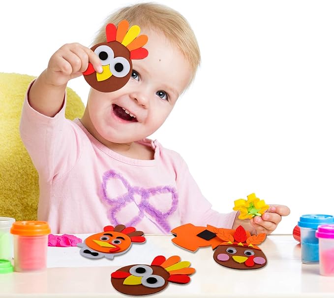 12 Pieces Thanksgiving Turkey Head Magnet Craft Kit Self-Adhesive DIY Turkey Craft Kit Festive Fall Thanksgiving Party Game School Home Activities and Refrigerator Decoration Supplies for Kids Adults