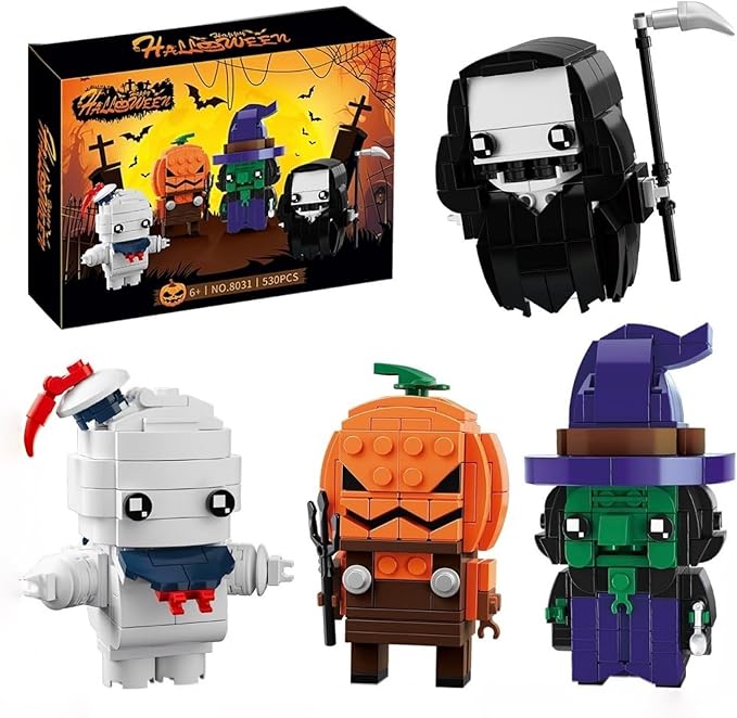 Horror Figure Building Set, Halloween Ghost, Jack-O'-Lantern, Wicked Witch & Grim Reaper Building Blocks Compatible with Lego, Home Decor Toy for Fans (530 PCS)