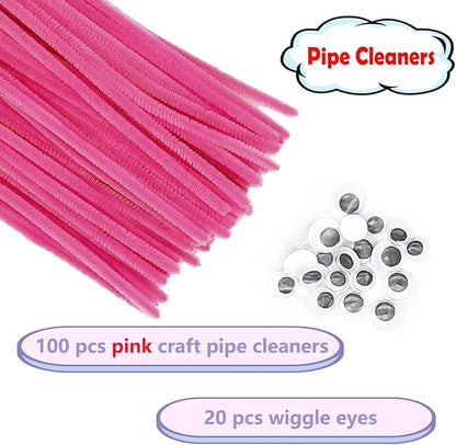 Cldamecy 100 pcs Pink Pipe Cleaners with 20 pcs Googly Eyes,Chenille Stems for Craft Project,Craft Pipe Cleaners for DIY Projects,Arts and Holiday Decoration