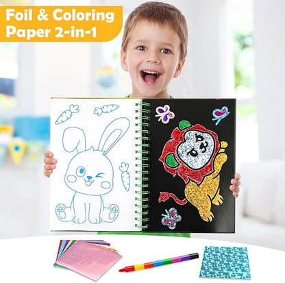 Foil Art Craft Activity for Kids: Fun DIY Toy Sticker Kit, No Mess Creative Travel Supply Set, Idea Birthday Easter Basket Stuffers Valentines Gift for Girl Boy Toddler 4 5 6 7 8 9 Year Old (Dinosaur)