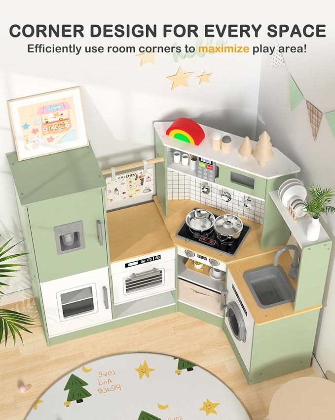 Babytronic Corner Wooden Play Kitchen Set for Kids w/Lights & Sounds, Pretend Play Kitchen Playset with Stove, Microwave, Ice Maker & Accessories, Perfect for Toddlers & Multiple Children (Green)