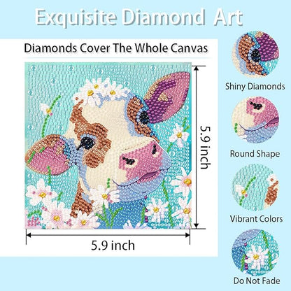 FQOVKYN 4 Packs 5D Cartoon Diamond Art Kits for Kids, Cute Animals DIY Diamond Arts Mosaic Kits for Adults Beginner, Full Round Drill Gem Art for Home Wall Decor Kids Present 6X6 inch