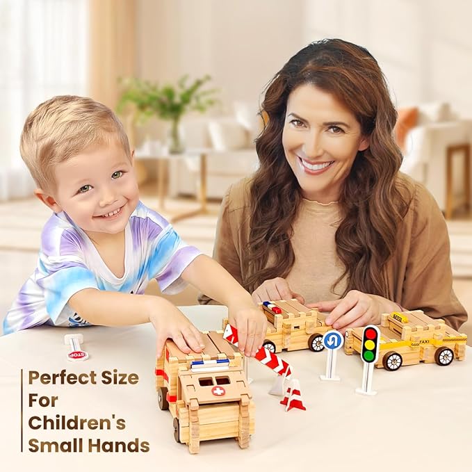 Jovi-mindly Wooden Blocks Wooden Train Set 101 PCS Create 40+ Shapes,Wooden Toys Educational Wooden Building Blocks Wooden Puzzles for Kids Ages 4-8 Boys and Girls,Truck/Excavator,FSC Certified