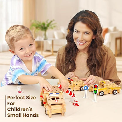Jovi-mindly Wooden Blocks Wooden Train Set 101 PCS Create 40+ Shapes,Wooden Toys Educational Wooden Building Blocks Wooden Puzzles for Kids Ages 4-8 Boys and Girls,Truck/Excavator,FSC Certified