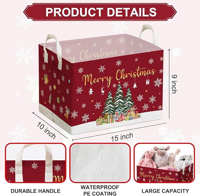 Christmas Tree Storage Basket with Snowflakes, Christmas Decorative Clothes Storage Cube for Nursery , Waterproof Rectangular Toy Box for Boys Girls, Christmas Gifts Storage Box, Winter Party Supply