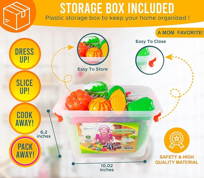 FUNERICA Toddler Kitchen Accessories Playset with Cutting Food Vegetables - Stainless-Steel Play Pots & Utensils - Apron & Chef Hat - Toy Knife & Cutting Board (Apron: Red. Checkerboard Design)