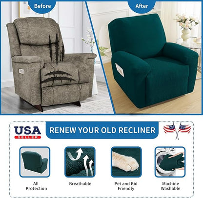 XINEAGE 4 Pieces Recliner Cover Stretch Jacquard Recliner Chair Covers Soft Recliner Slipcovers with Pocket for Kids and Pets, Washable Couch Cover (Recliner, Blackish Green)