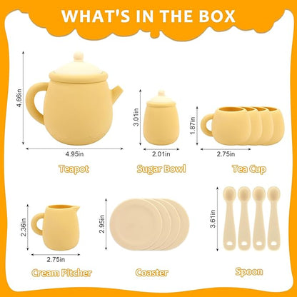 MCGMITT Tea Party Set for Little Girls, 15 Pcs Silicone Tea Set for Kids, Toddler Tea Set with Teapot Tea Cup Coasters Creamer Sugar Bowl Spoon, Pretend Play Toys for 3 4 5 6 Year Old Kids