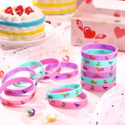 Chivao 30 Pack Dinosaur Party Favors Pink Dinosaurs Silicone Wristbands Rubber Bracelets for Girl Birthday Party Supplies Gifts Bag Stuffer 3 Colors