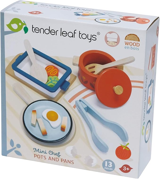 Tender Leaf Toys - Pots and Pans - 13 Pcs Wooden Pretend Cooking Playset, Play Kitchen Cookware Accessories Set for Kids - Age 3+