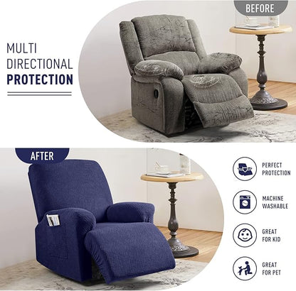 KinCam Recliner Covers, Stretch Reclining Chair Covers, Recliner Sofa Slipcovers Stripe Jacquard Recliner Couch Covers Furniture Protector Covers for Pet Kid (1 Seater, Dark Blue)