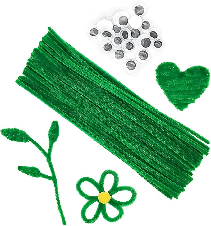 Cldamecy 100 pcs Green Color Craft Pipe Cleaners with 20 pcs Wiggle Eyes,Chenille Stems for Arts & Crafts,DIY Projects and Holiday Decoration