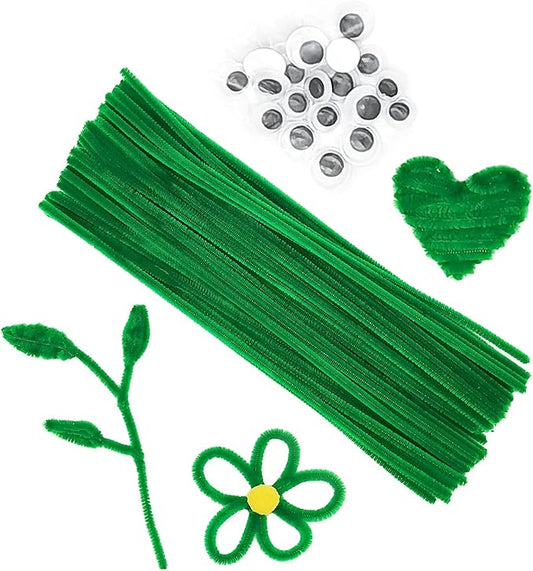 Cldamecy 100 pcs Green Color Craft Pipe Cleaners with 20 pcs Wiggle Eyes,Chenille Stems for Arts & Crafts,DIY Projects and Holiday Decoration