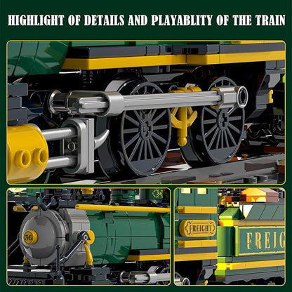 Funwhole Wild West Freight Train Lighting Building-Bricks Set - Classic 4-4-0 Locomotive Model 1524 Pcs Ideas Kit for Adult and Teens