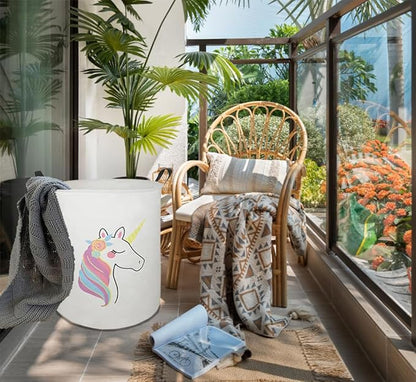 19.7 Inch Round Laundry Clothes Hamper Laundry Basket with Handles,Storage Organizer Bins Laundry Gift Basket for Room, Bedroom Decor (Single Unicorn)