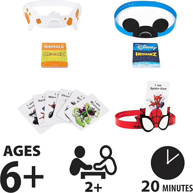 Hedbanz, Picture Guessing Board Game Bundle of Disney, Spiderman, Animals Family Game Night, for Adults & Kids Aged 6 and up